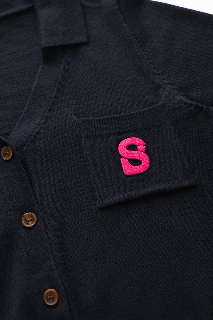 signature cardigan in navy by buttonscarves chest pocket detail