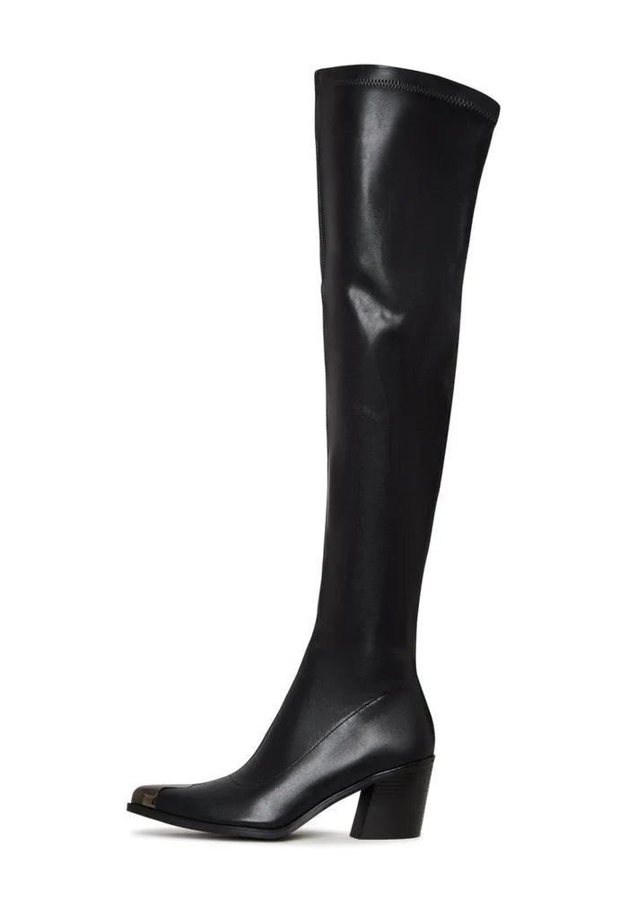 A chic pair of sleek knee-high leather boots with high heels.