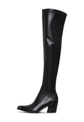 A chic pair of sleek knee-high leather boots with high heels.