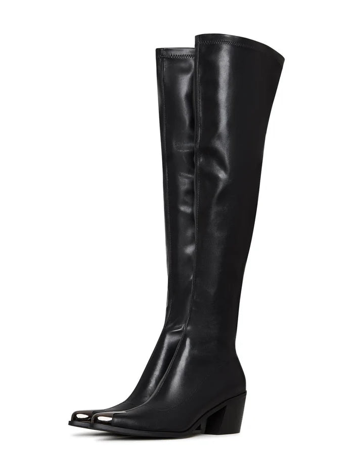 A pair of stylish high-heeled leather knee-high boots, perfect for a sleek and fashionable look.