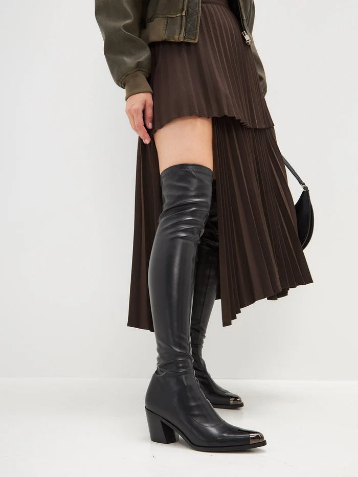 A pair of stylish knee-high leather boots with a sleek design and high heels.