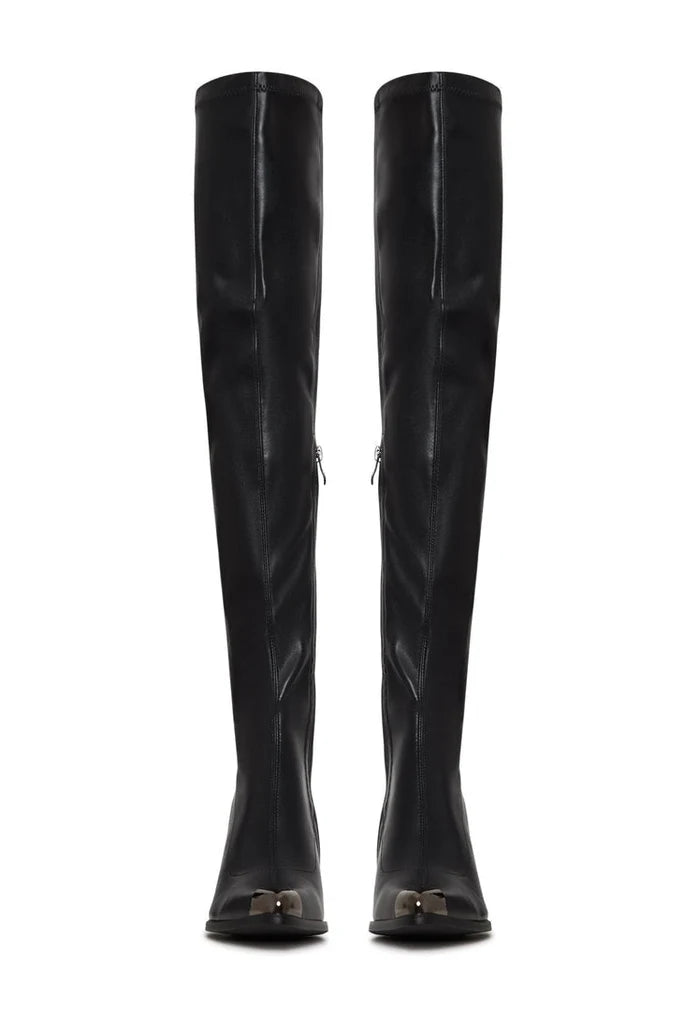 A stylish pair of black leather knee-high boots with a sleek design and high heels for a trendy and sophisticated look.