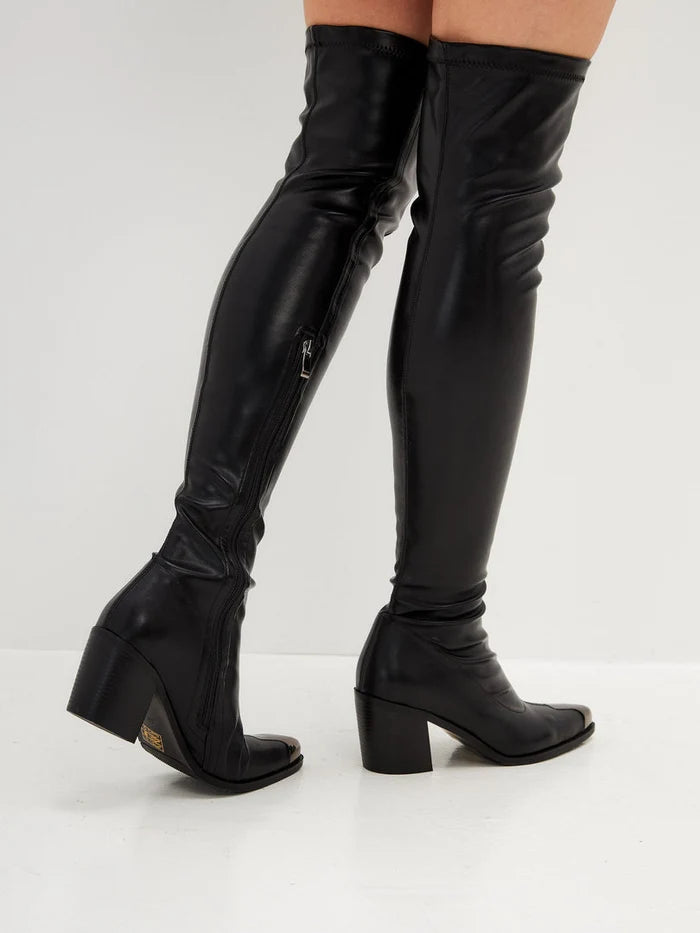 A trendy pair of sleek leather knee-high boots with high heels, perfect for any fashion-forward outfit.