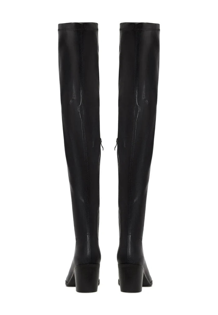 A sleek pair of high-heeled leather knee-high boots, perfect for any stylish outfit.
