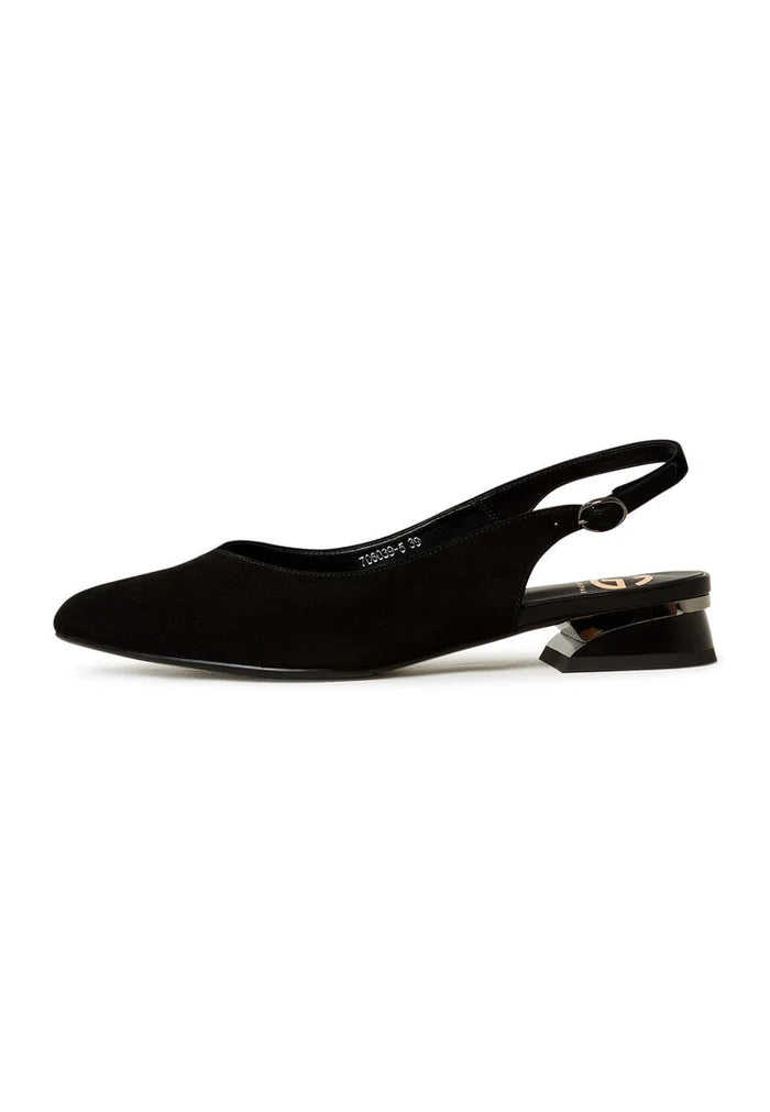A pair of stylish black suede slingback ballerinas, slip-on ballet shoes with a sleek design, perfect for women looking for comfortable and chic flats.
