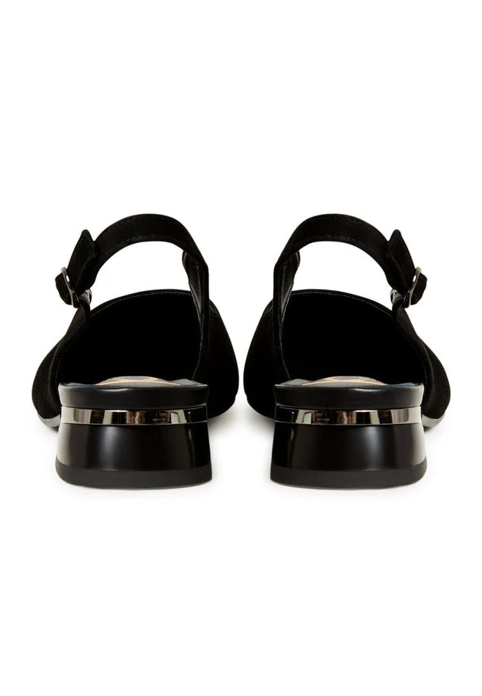 A pair of stylish black suede slingback ballerinas, perfect slip-on ballet flats for women.