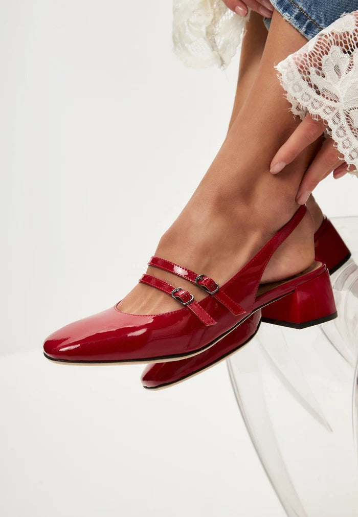 A stylish pair of red women's slingback block heels by Pumps Mar y Sol, the perfect fashion footwear statement for any occasion.