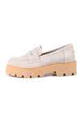 A stylish pair of men's slip-on suede loafers in beige, perfect for any occasion.