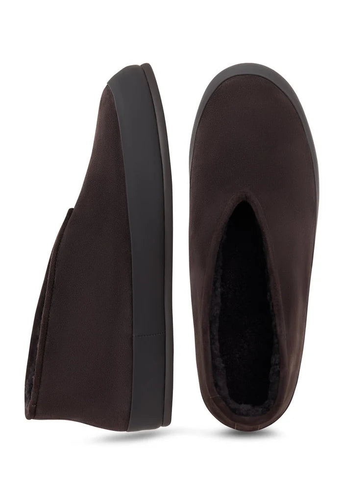 A stylish pair of women's brown leather slip-on Amara winter boots perfect for cold weather fashion.