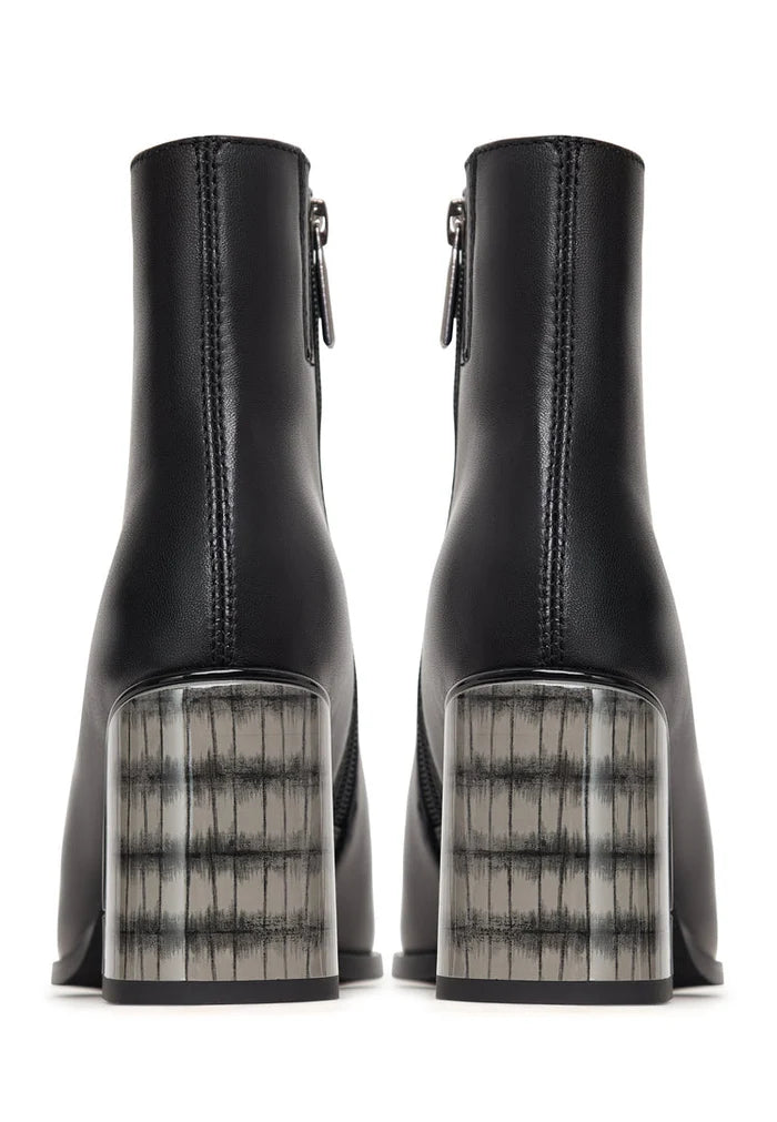 A pair of black Ella leather heel boots, crafted from soft leather and designed for women, standing stylishly on a neutral background.