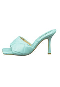 A stylish pair of blue leather square toe heel mules with a chunky heel for women.