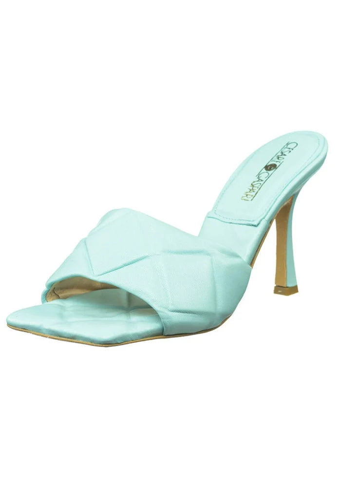 A stylish blue leather square toe heel mule with a chunky heel design for women.