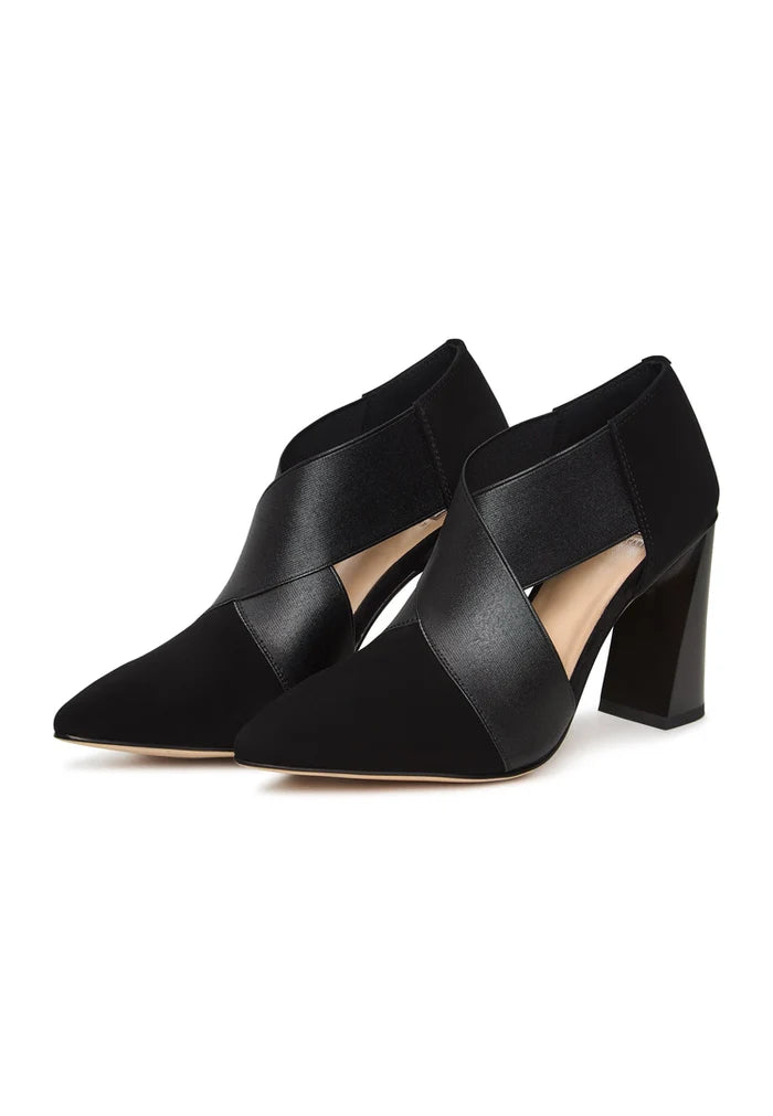 A stylish pair of black block heel strappy sandals, perfect for a night out and adding a touch of sass to any outfit.