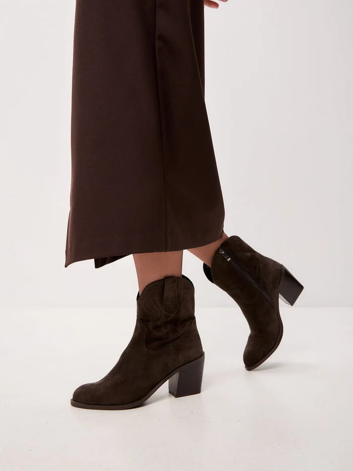 A pair of fashionable brown suede ankle boots, chic and stylish for any outfit.