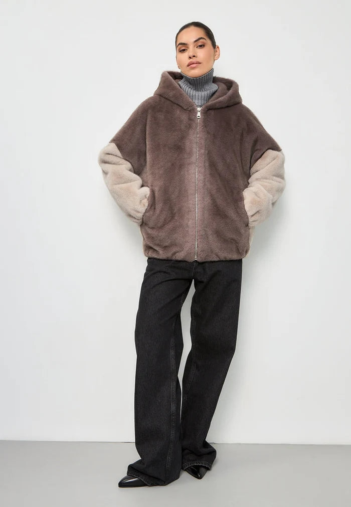 A trendy brown faux fur hooded jacket known as the Reyna, perfect for women's fashion.