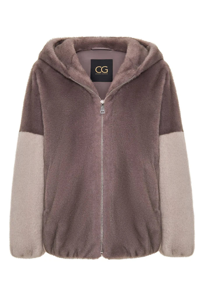 A fashionable brown faux fur jacket with a hood, the Reyna faux fur jacket, perfect for women's winter fashion.