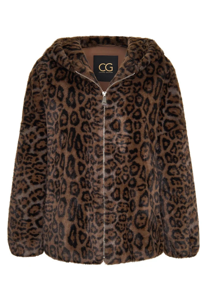 A trendy women's faux fur outerwear: the stylish hooded leopard Reyna jacket.
