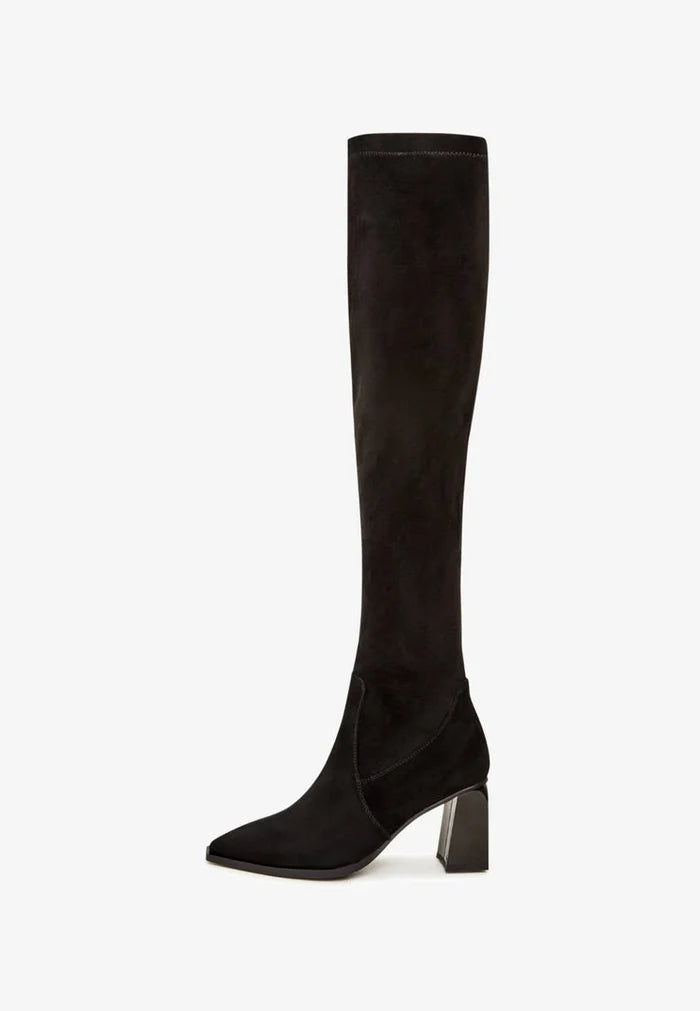 A stylish pair of over-the-knee suede boots, the ultimate chic fashion footwear for women.