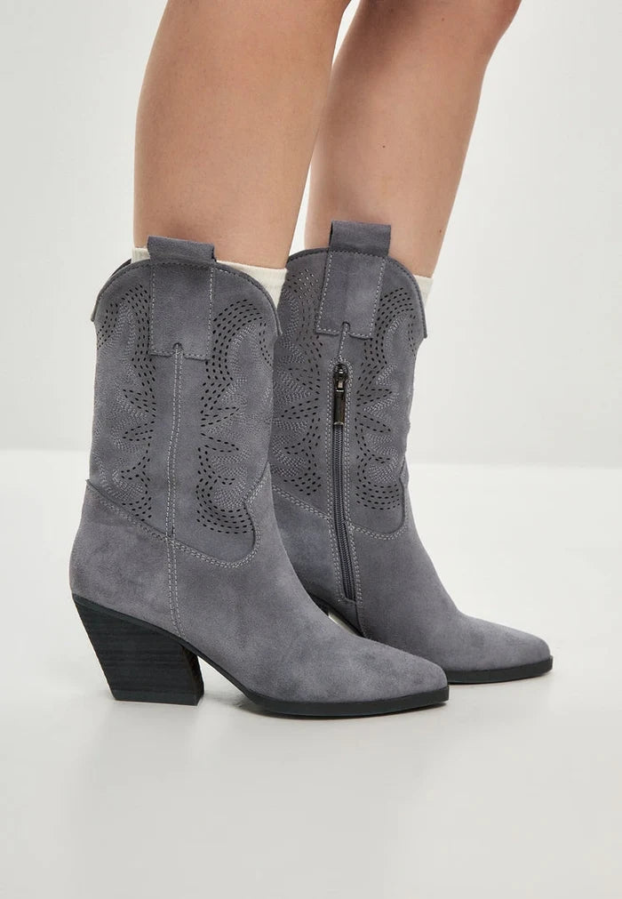 A stylish pair of Elena suede cowboy boots in grey for women, perfect for a touch of Western flair.