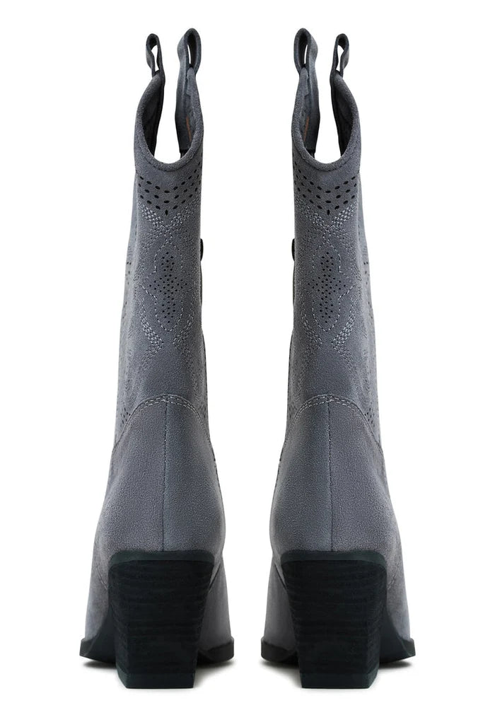 A pair of stylish women's Suede Cowboy Boots in grey, featuring the Elena Cowboy Boots design for a western-inspired look.