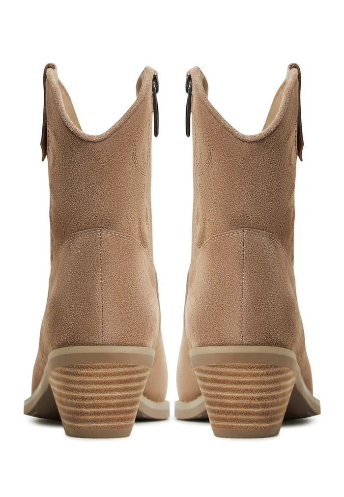 A pair of stylish women's suede cowboy boots in Natalie brown, perfect for a trendy cowgirl fashion look.