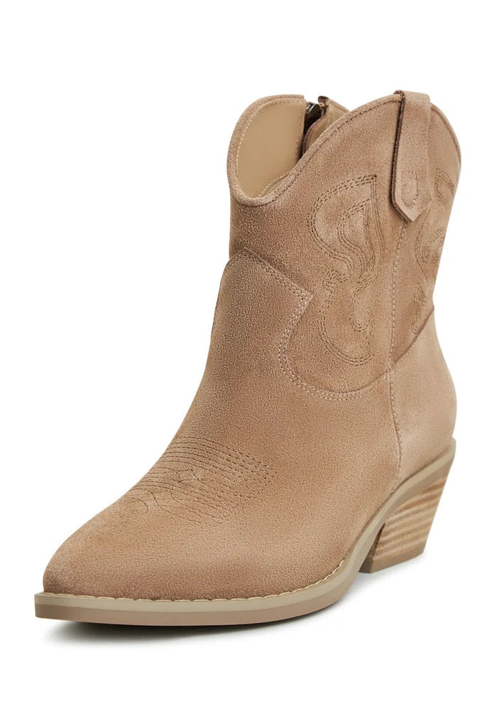 A stylish pair of women's suede cowboy boots in a rich brown color, the Natalie brown boots feature western-style detailing, perfect for cowgirl fashion enthusiasts.