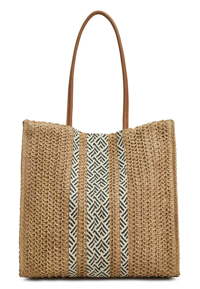 A stylish beach tote bag perfect for summer days by the water, featuring a striped design in shades of blue and white.