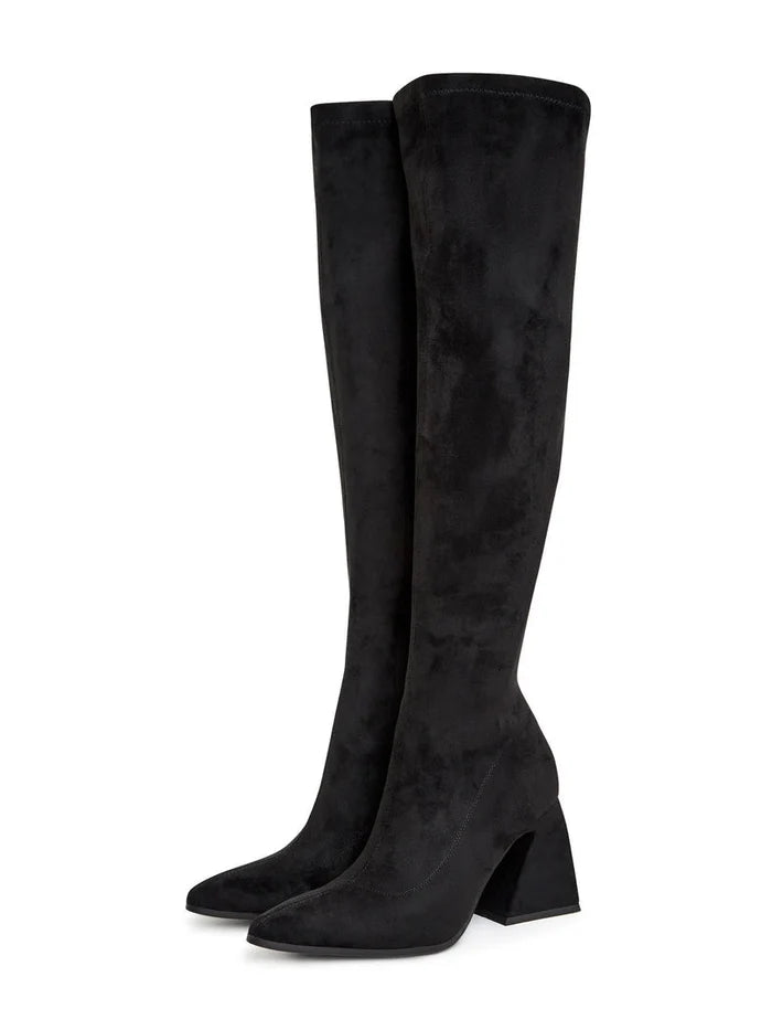 A fashionable pair of designer thigh-high boots in high-end suede, perfect for a luxury women's wardrobe, featuring premium over-the-knee styling in exclusive suede footwear.