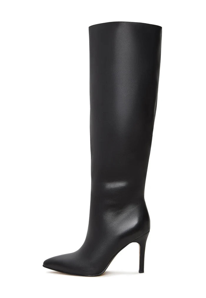 A pair of sleek black leather knee-high boots, a timeless and trendy choice with high heels.