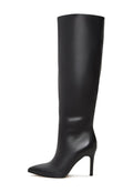 A pair of sleek black leather knee-high boots, a timeless and trendy choice with high heels.