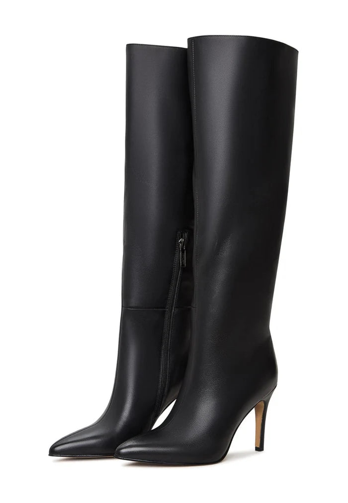 A pair of sleek black leather knee-high boots, a timeless and trendy choice for high heel boot lovers.