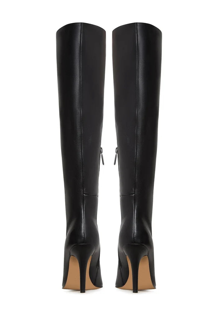 A pair of sleek black leather knee-high boots, a timeless and trendy choice in high heel footwear fashion.