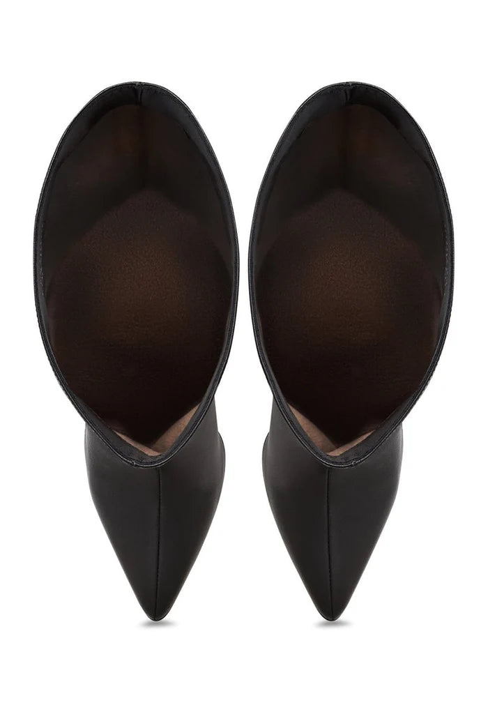 A pair of timeless black leather knee-high boots with high heels, showcasing sleek and trendy knee-high boot trends.