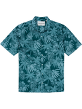 Teal and light blue floral palm-print cotton short-sleeve shirt, flat lay front view .