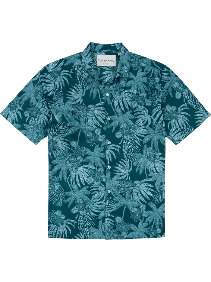 Teal and light blue floral palm-print cotton short-sleeve shirt, flat lay front view .