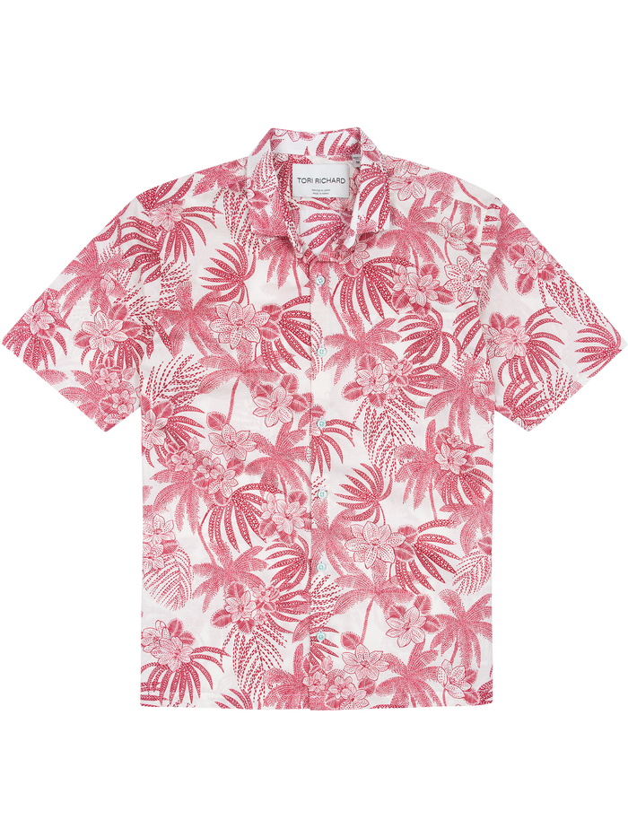 Pink and white floral palm-print short-sleeve cotton shirt, flat lay front view.