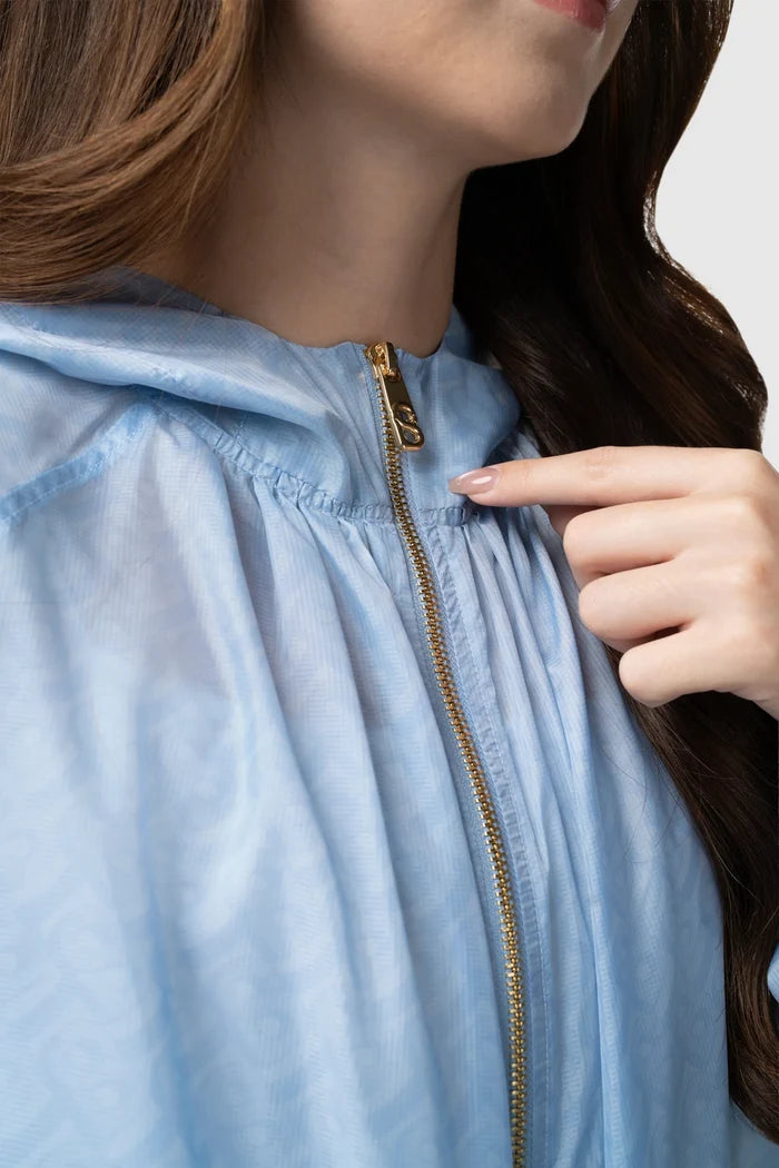 tropical26 hooded jacket in blue by buttonscarves gole tone zipper deail