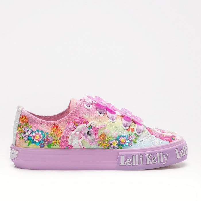 Lelli Kelly girls unicorn lace up sneaker — pink rainbow canvas with hand-beaded sequin flowers and lavender sole