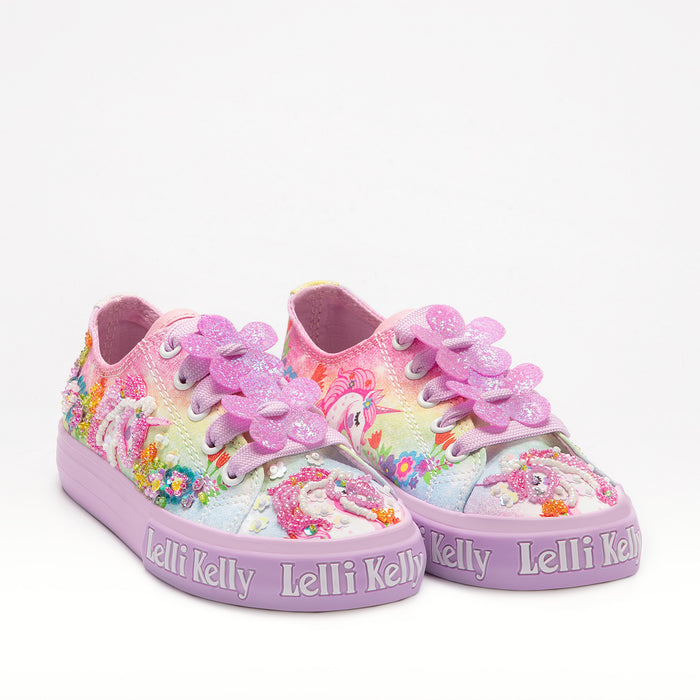 Pair of Lelli Kelly unicorn sneakers for girls — multicolor beaded canvas with glitter flower laces and purple sole