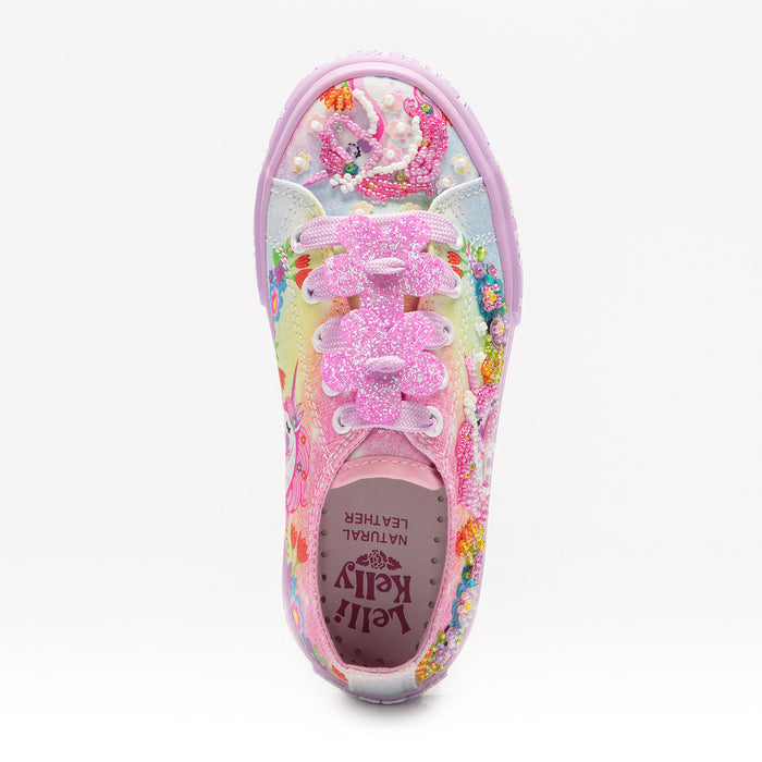 Lelli Kelly unicorn sneaker features — handmade beads, sequins, cotton upper, removable leather insole, non-slip rubber sole