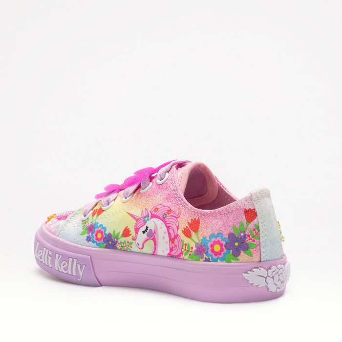 Girl wearing Lelli Kelly unicorn lace up shoes — handcrafted rainbow sequin sneakers for kid