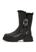 A trendy pair of fashion-forward leather platform ankle boots, the epitome of urban style and fashionable footwear.