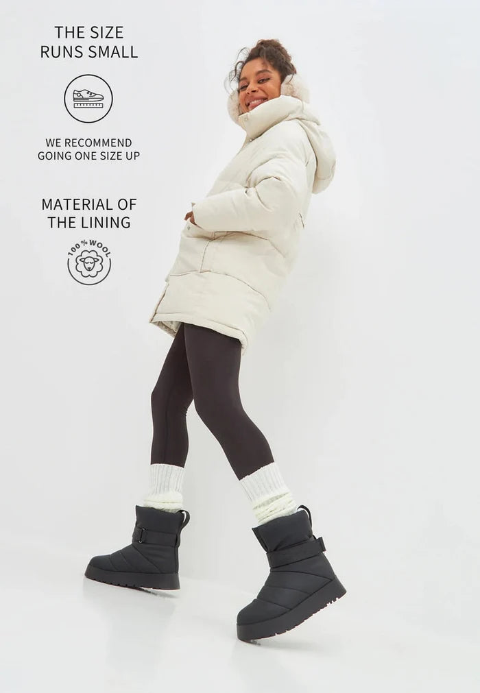 Stay warm and stylish in these black wool-lined urban winter boots, perfect for snowy days with their cozy wool lining.