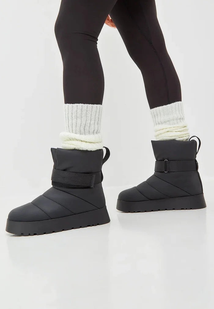 Stylish black winter boots with cozy wool lining, perfect for urban streets and chilly weather.