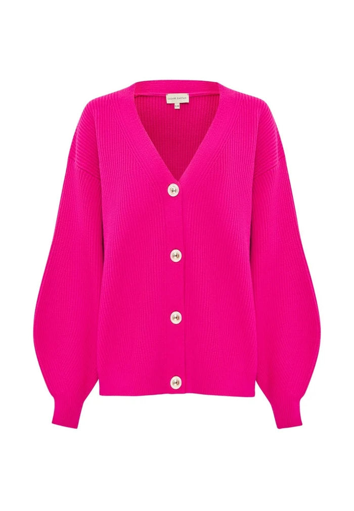 A stylish pink V-neck cardigan, perfect for women looking for a cozy and fashionable knit sweater option.