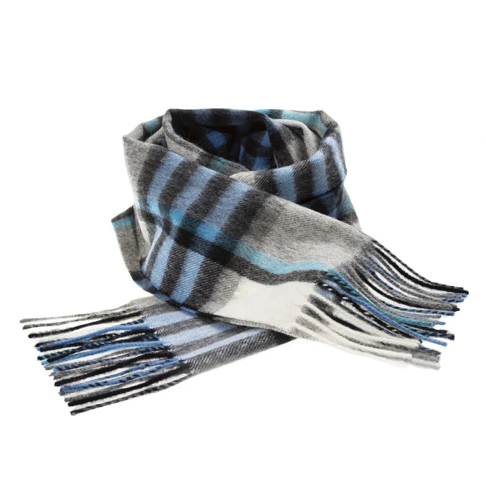 Welsh Woollens 100% Lambswool Scarf Chequer Tartan Bright Blue/Grey