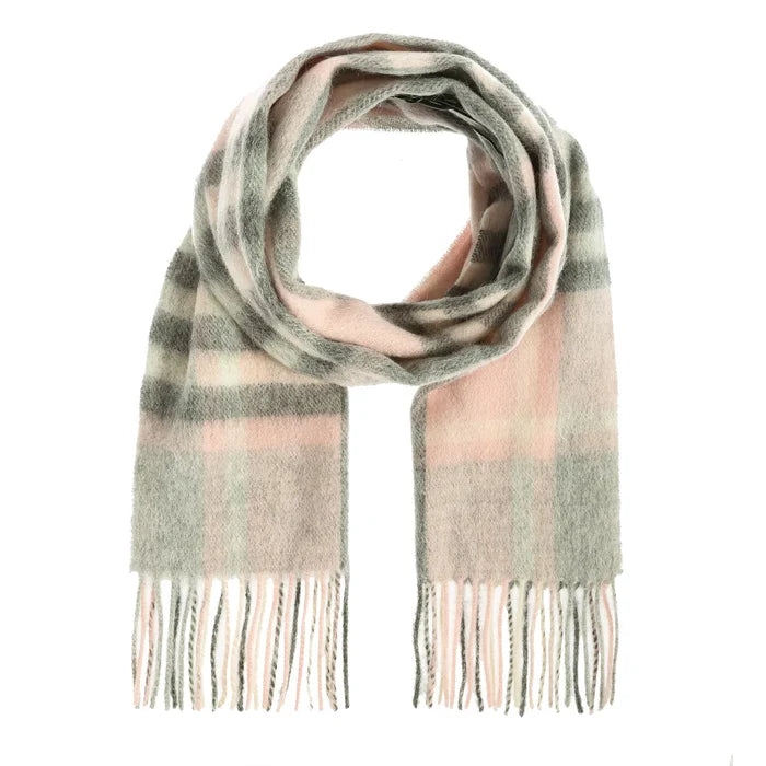 Welsh Woollens 100% Lambswool Scarf Chequer Tartan Light Pink And Grey