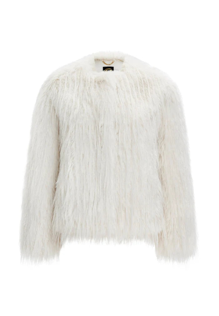 A fashionable white faux fur winter jacket perfect for cold weather outerwear.