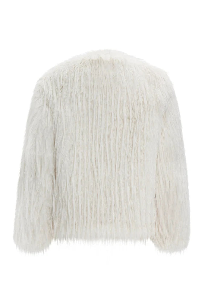 A fashionable white winter jacket with faux fur, perfect for cold weather outerwear.