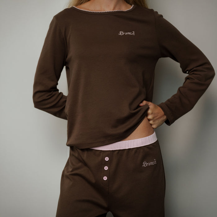 Brunch Women's PJ Set in Espresso & Soft Pink pima cotton, product view 2